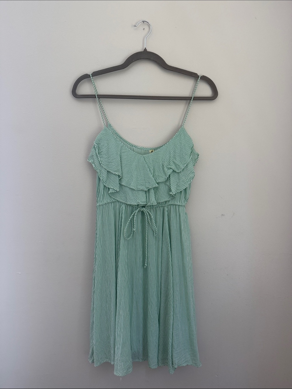 Vintage Free People Green Pinstripe Ruffle Mini Dress S/P